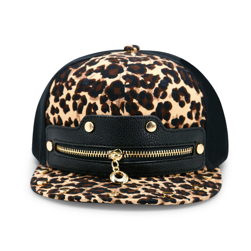 Hip-hop Leopard Print Zipper Leather Flat Brim Hat