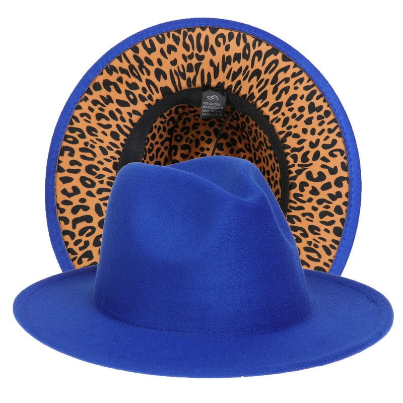 Double-sided Color-blocking Leopard Print Woolen Fedora Hat