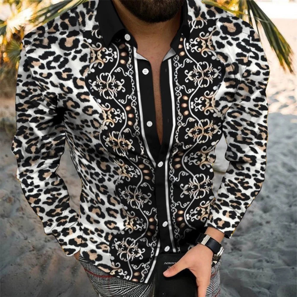 Leopard Print Button Down Muscle Fitness Baroque Long Sleeve Shirts