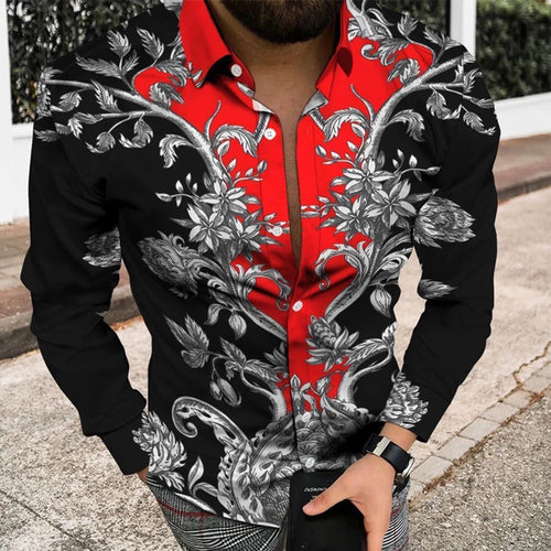 Leopard Print Button Down Muscle Fitness Baroque Long Sleeve Shirts