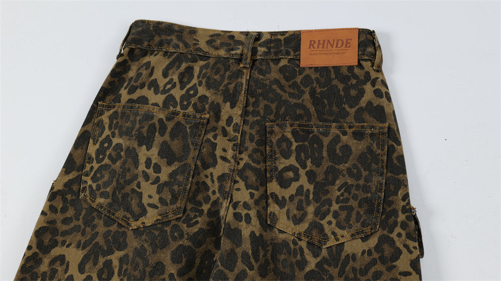 Men's Punk Distressed Pleated Leopard Jeans