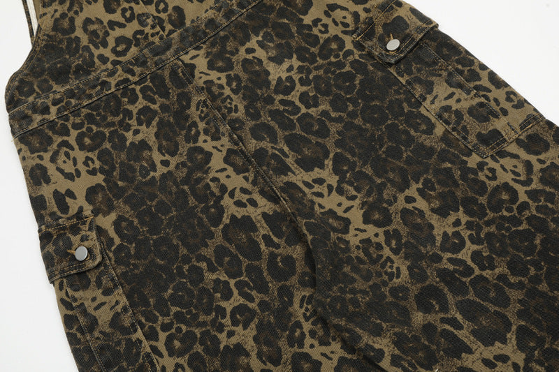 American Vintage Leopard Print Denim Brace Overalls Men And Women