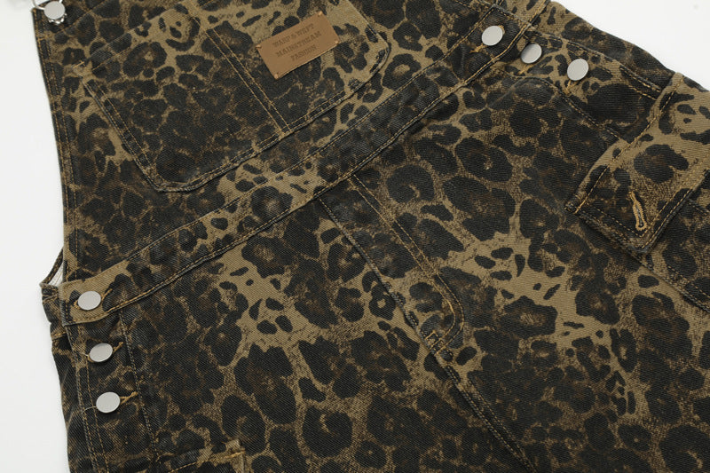 American Vintage Leopard Print Denim Brace Overalls Men And Women