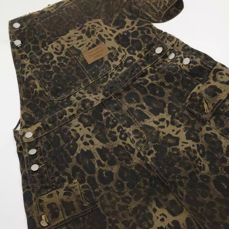 American Vintage Leopard Print Denim Brace Overalls Men And Women