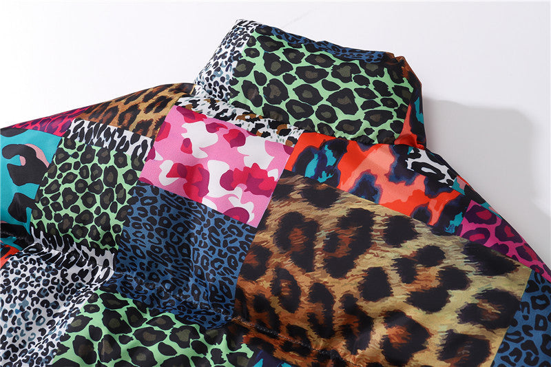 Men's Leopard Print Contrast Patchwork Stand Collar Padded Jacket