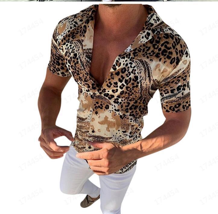 New Leopard Print Sexy Men's Suit Collar Short Sleeve Shirt