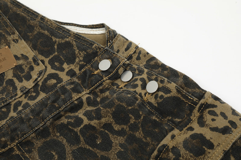 American Vintage Leopard Print Denim Brace Overalls Men And Women