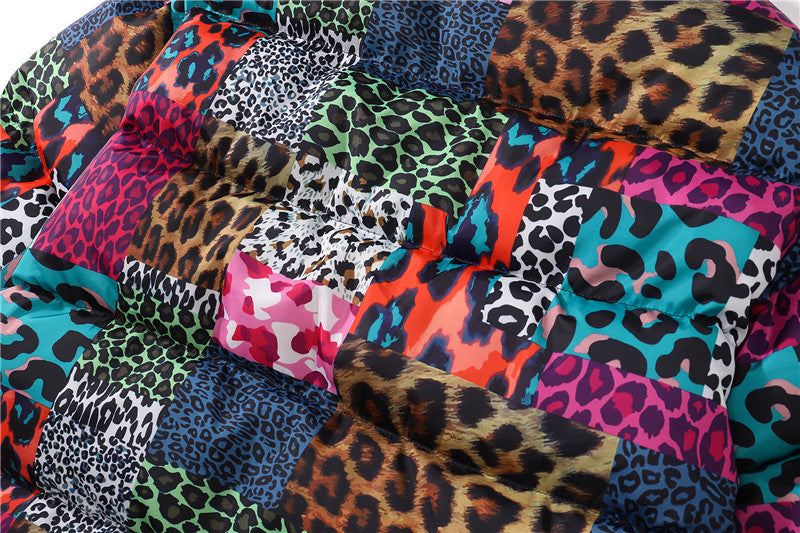Men's Leopard Print Contrast Patchwork Stand Collar Padded Jacket