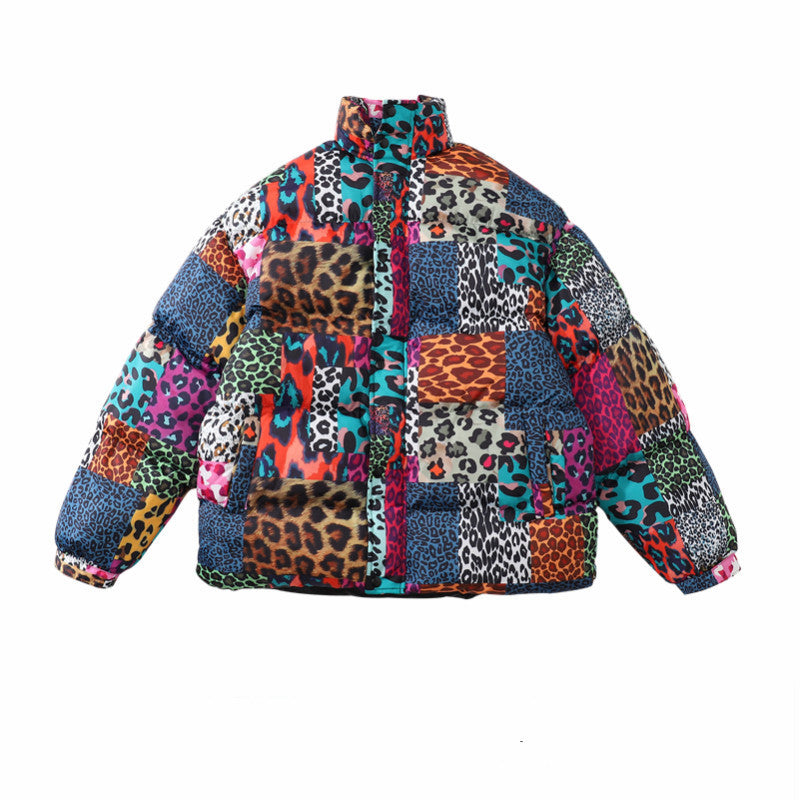 Men's Leopard Print Contrast Patchwork Stand Collar Padded Jacket
