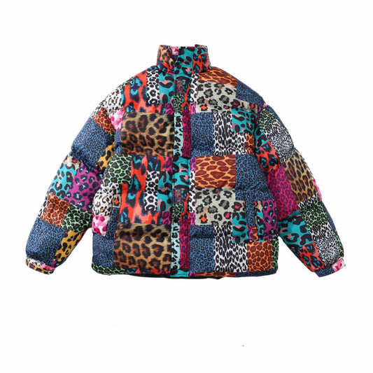 Men's Leopard Print Contrast Patchwork Stand Collar Padded Jacket