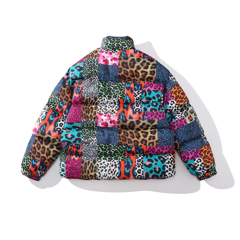 Men's Leopard Print Contrast Patchwork Stand Collar Padded Jacket