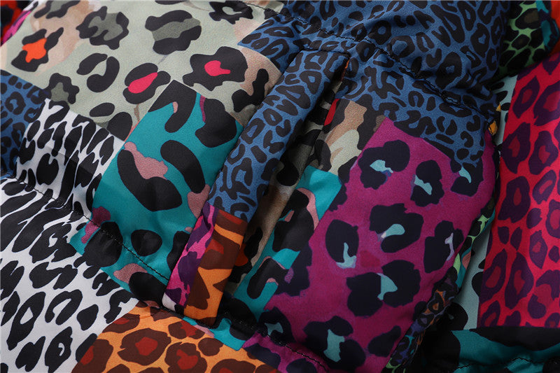 Men's Leopard Print Contrast Patchwork Stand Collar Padded Jacket