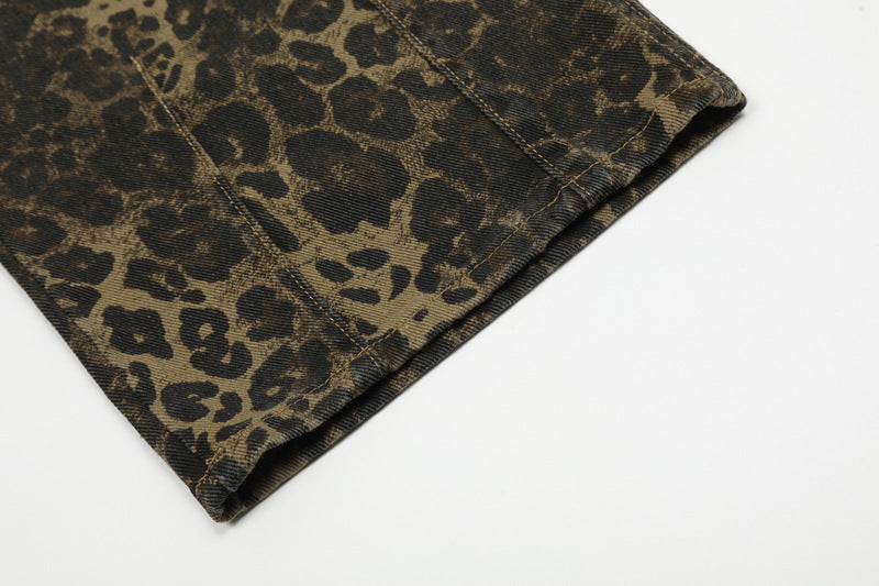 American Vintage Leopard Print Denim Brace Overalls Men And Women