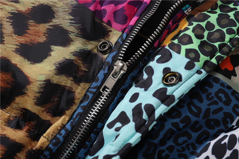 Men's Leopard Print Contrast Patchwork Stand Collar Padded Jacket