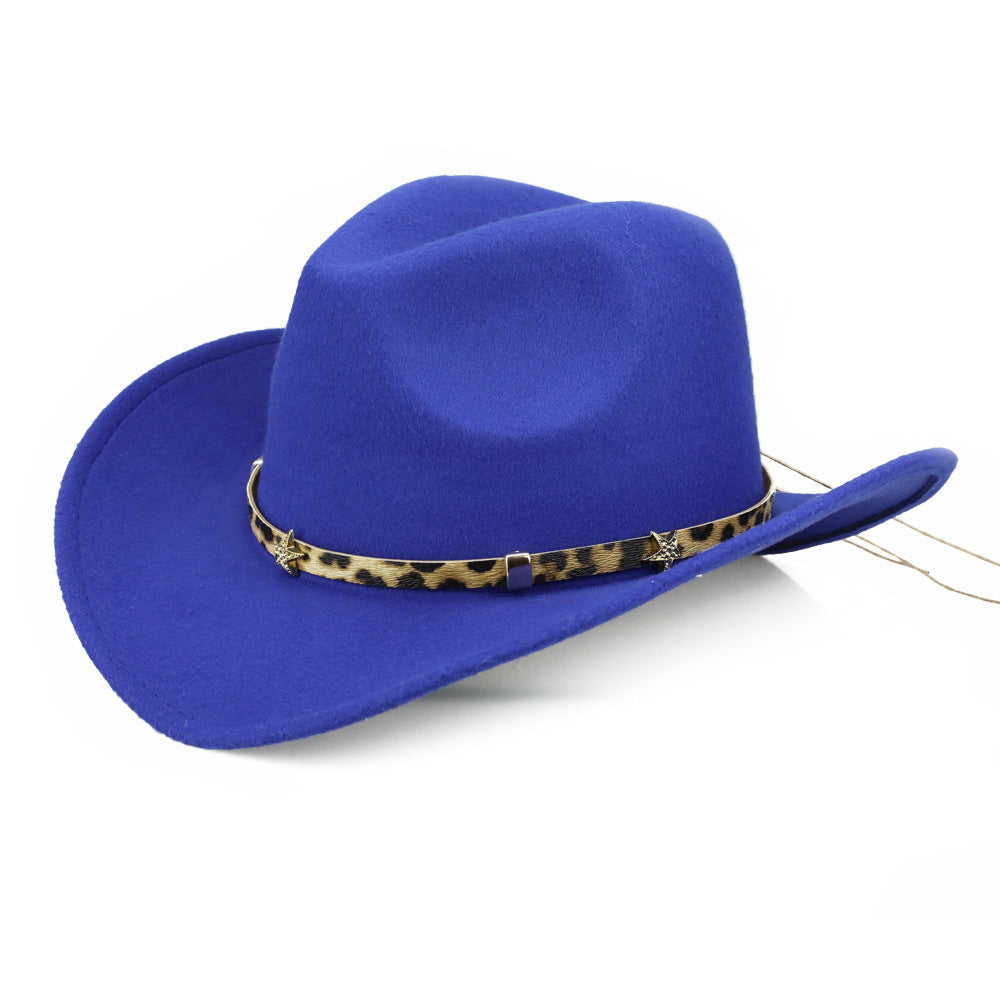 Leopard Print Five-pointed Star Belt Cowboy Hat Men's And Women's Autumn And Winter Woolen Fedora Hat Outdoor Knight Hat Western Cowboy Hat