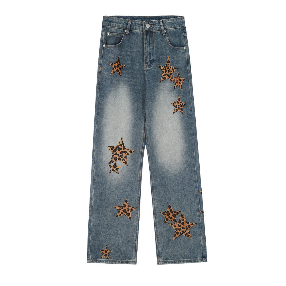 Leopard Print Five-pointed Star Jeans For Men And Women