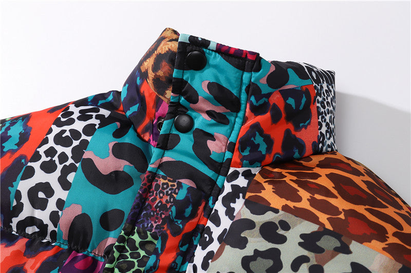 Men's Leopard Print Contrast Patchwork Stand Collar Padded Jacket