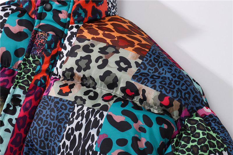 Men's Leopard Print Contrast Patchwork Stand Collar Padded Jacket