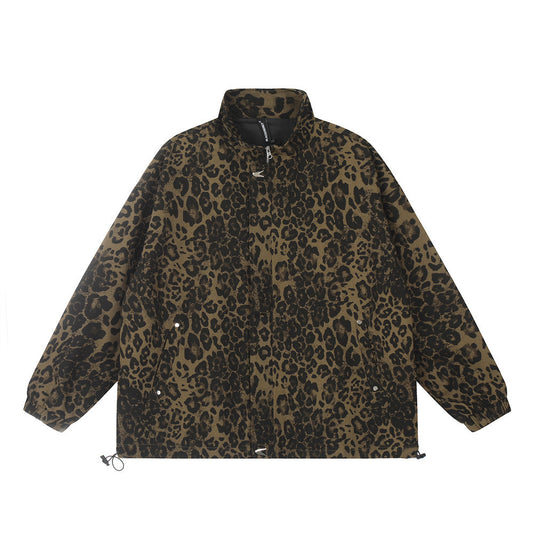 Men's Loose Casual Stand Collar Leopard Print Denim Jacket
