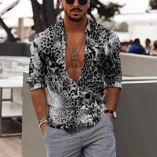 Hot selling fashion leopard print men's shirt top sapphire purple gray