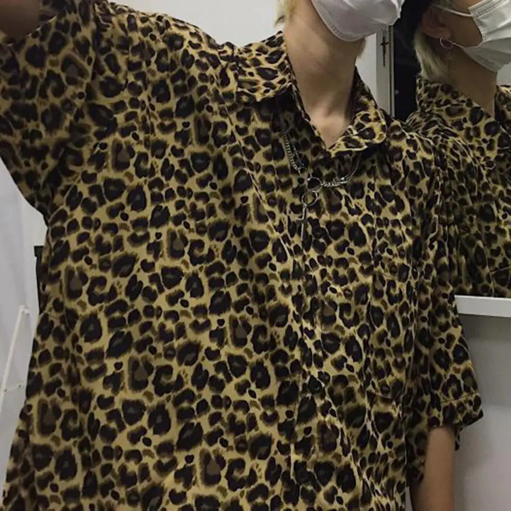 Trendy Retro Shirt  Lapel Quick Drying Couple Shirt  Summer Leopard