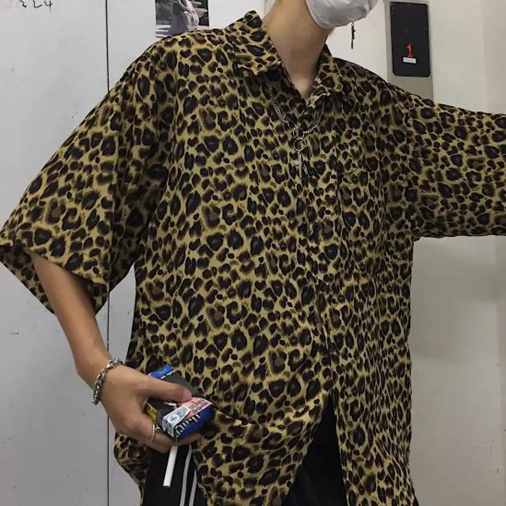 Trendy Retro Shirt  Lapel Quick Drying Couple Shirt  Summer Leopard