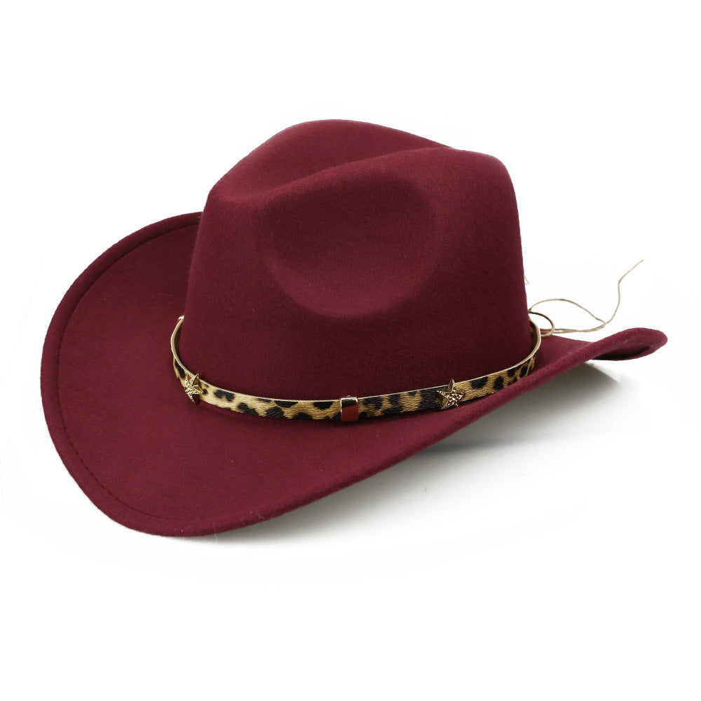 Leopard Print Five-pointed Star Belt Cowboy Hat Men's And Women's Autumn And Winter Woolen Fedora Hat Outdoor Knight Hat Western Cowboy Hat
