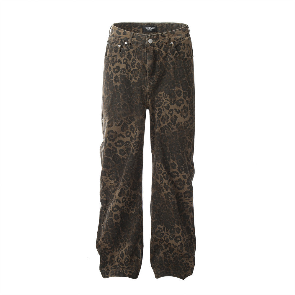Leopard Print Loose Straight Trousers Men