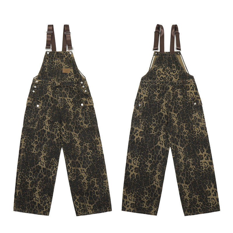 American Vintage Leopard Print Denim Brace Overalls Men And Women