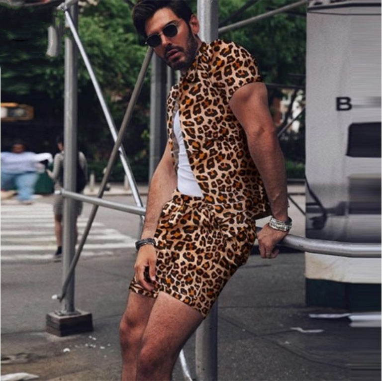 Summer New Men's Trendy Leopard Print Short-Sleeved Shorts Suit