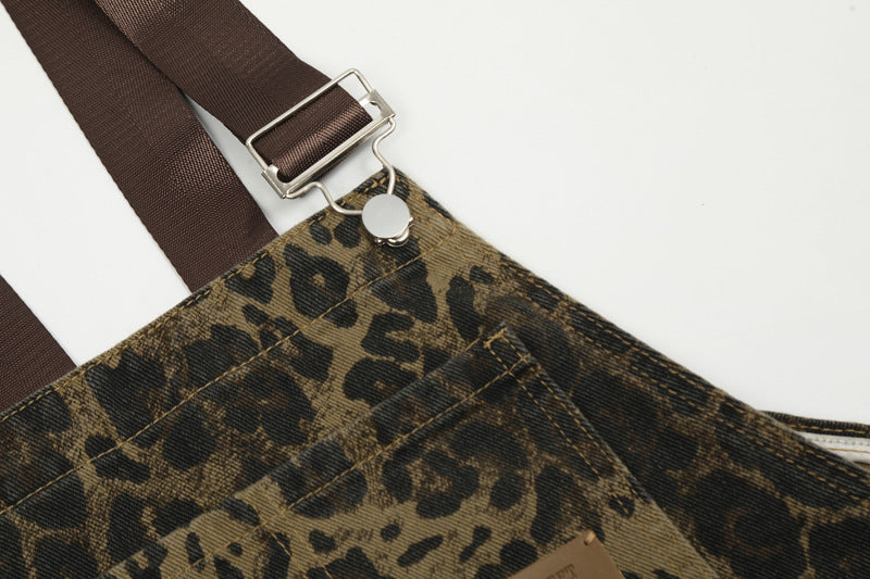 American Vintage Leopard Print Denim Brace Overalls Men And Women