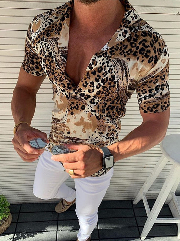 New Leopard Print Sexy Men's Suit Collar Short Sleeve Shirt