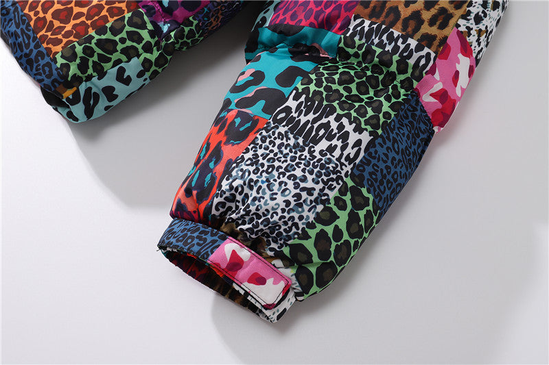 Men's Leopard Print Contrast Patchwork Stand Collar Padded Jacket