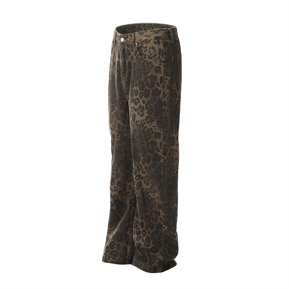 Leopard Print Loose Straight Trousers Men