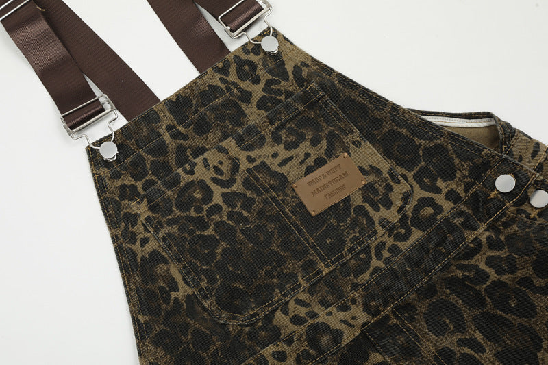 American Vintage Leopard Print Denim Brace Overalls Men And Women